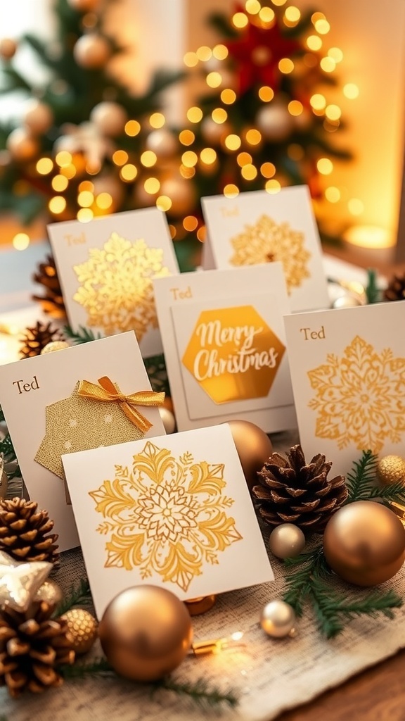 A collection of DIY gold Christmas cards with glitter and ribbons on a festive table.